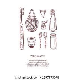 Zero waste vector hand drawn infographic  background.Collection of eco and natural elements. Go green concept. Isolated objects