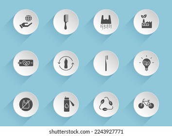 iconos vectoriales cero en círculos redondos de papel puffy con sombras transparentes sobre fondo azul. iconos vectoriales de la reserva de residuos cero para diseño de interfaz web, móvil y de usuario
