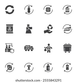 Zero waste vector icons set, modern solid symbol collection, filled style pictogram pack. Signs, logo illustration. Set includes icons as recycling, litter, trash, pollution, composting, waste sorting