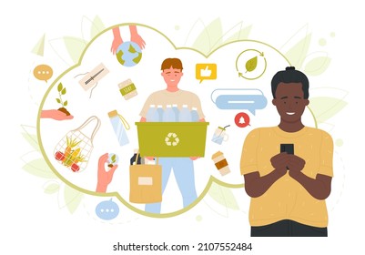 Zero waste vector illustration. Cartoon man with mobile phone shopping with eco habits to reduce trash and save ecology, activist sorting bottles in container. Environmental protection concept
