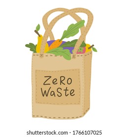 Cero desperdicio. Ilustración vectorial de la bolsa de tela con verduras, fruta. 