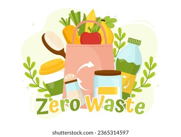 Zero Waste Vektor Illustration Eco Friendly mit recyclingfähigen und wiederverwendbaren Produkten zum Speichern des Planeten und Grün auf flattem Cartoon-Hintergrund