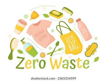 Zero Waste Vector Illustration of Eco Friendly with Recyclable and Reusable Products for Save the Planet and Go Green in Flat Cartoon Background