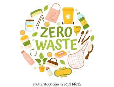 Vector de desechos cero Ilustración de eco amigable con productos reciclables y reutilizables para salvar el planeta y verde en fondo de caricatura plana