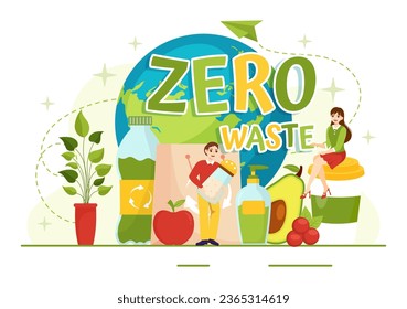 Zero Waste Vektor Illustration Eco Friendly mit recyclingfähigen und wiederverwendbaren Produkten zum Speichern des Planeten und Grün auf flattem Cartoon-Hintergrund