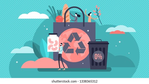 Zero waste vector illustration. Flat tiny reduce packaging persons concept. Using reusable jars and bags to save earth environment and resource pollution. Organic ecological lifestyle without garbage.