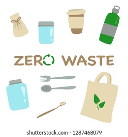 Zero waste vector illustration. Hand drawn reusable plastic free coffee mug and bottle, glass jars, eco bags, bamboo toothbrush, spoon and fork isolated on white background. 
