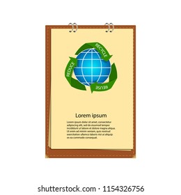 Zero waste. Vector illustration of notebook with recycling arrows around Earth globe