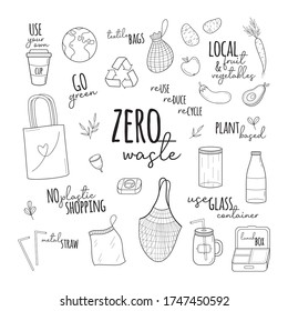 Zero waste vector illustration set. Hand drawn environment-friendly graphic collection of zero waste shopping simple black outlined icons with writings. Isolated.