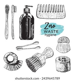 Zero Waste Vektor Illustration Set. Handgezeichnete umweltfreundliche grafische Sammlung von Zero Waste Shopping Einfache schwarze umrissene Icons mit Schriften. Isoliert.