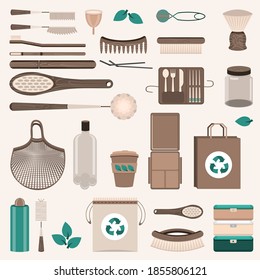 Zero Waste vector illustrations set. Reusable bags, brushes and bottles, glass jars, Eco-bags, wooden cutlery, combs, toothbrushes, menstrual cup, thermos mug.