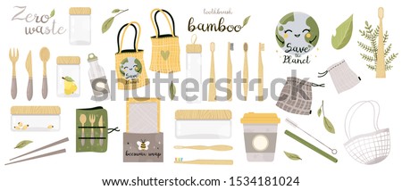 Zero Waste vector illustrations set. Go green. Durable and reusable items or products - glass jars, eco grocery bags, bamboo toothbrush, bee wrap.