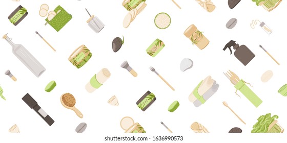 Zero Waste Vector Seamless Pattern in Minimalism Style, with Reusable and Recycle Zero Waste products - Pad, Box, Charcoal toothbrush, Natural Soap and other. Eco friendly repeatable pattern.