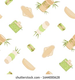 Zero Waste Vector Seamless Pattern in Minimalism Style, with Reusable and Recycle Zero Waste products - Pad, Box, Charcoal toothbrush, Natural Soap and other. Eco friendly repeatable pattern.