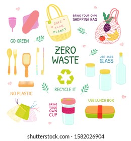 Zero waste. Vector set about environmental protection. Eco bag, glass jars, menstrual cup, lunch box, coffee glass, bags for vegetables and fruits, a wooden spoon, fork, combs, toothbrushes.