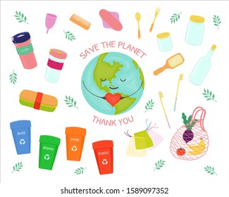 Zero waste. Vector set about environmental protection. Eco bag, glass jars, lunch box, coffee glass, bags for vegetables and fruits, a wooden spoon, fork, combs, toothbrushes.