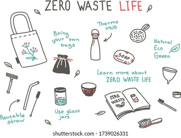 Zero waste vector set. Tote bag, grocery bag, thermo mug, glass jar, reusable straw, menstrual cup, bamboo toothbrush, natural cosmetics. Eco tips vector illustration.
