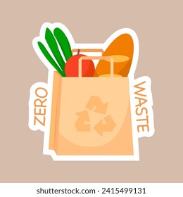 Zero waste - vector sticker, paper bag with groceries, symbol saving the environment.