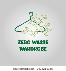 Zero waste wardrobe logo. Conscious consumption. 
Clothes hanger with branch and leaves. Icon in line art style.