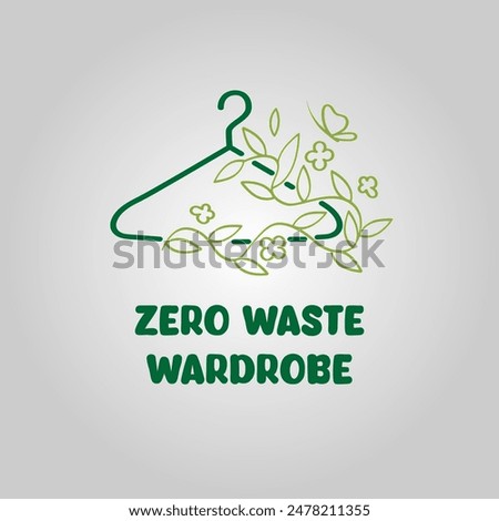 Zero waste wardrobe logo. Conscious consumption. 
Clothes hanger with branch and leaves. Icon in line art style.