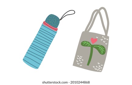 Zero Waste with Water Flask and Canvas Bag as Everyday Reused Object Vector Set