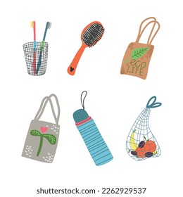 Zero Waste with Water Flask, Canvas Bag, Hair Brush and Toothbrush as Everyday Reused Object Vector Set
