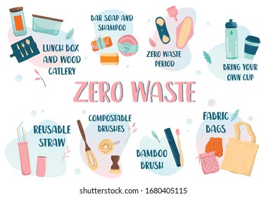 Zero waste web banner, eco tips infographic. Lifestyle elements for people who care about ecology. Fabric bag and bamboo toothbrush, lunch box and reusable cup. Isolated vector illustration