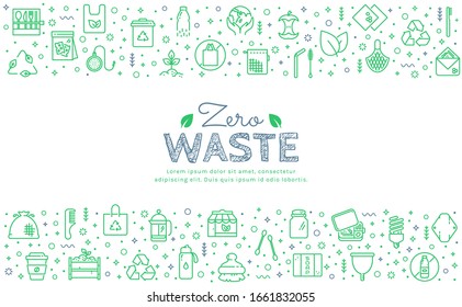 Zero waste web banner with green line icons isolated on white background. Recycling, reusable items, plastic free, save the Planet and eco lifestyle themes. Vector horizontal template with copyspace.