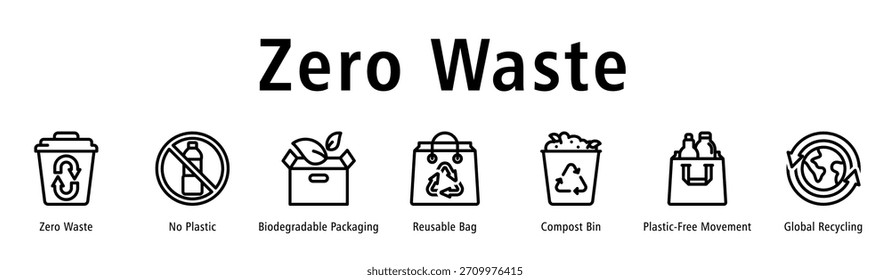 Ilustración vectorial de íconos de Anuncio de Web de cero residuos con íconos de cero residuos, sin plástico, embalaje biodegradable, bolsa reutilizable, contenedor de compost, movimiento sin plástico y reciclaje global.
