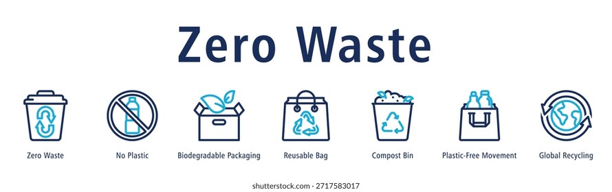 Ilustración vectorial de íconos de Anuncio de Web de cero residuos con íconos de cero residuos, sin plástico, embalaje biodegradable, bolsa reutilizable, contenedor de compost, movimiento sin plástico y reciclaje global.