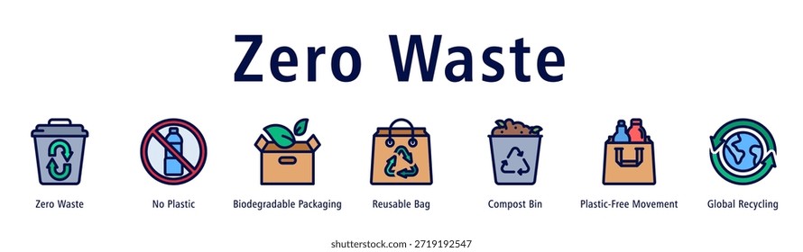 Ilustración vectorial de íconos de Anuncio de Web de cero residuos con íconos de cero residuos, sin plástico, embalaje biodegradable, bolsa reutilizable, contenedor de compost, movimiento sin plástico y reciclaje global.