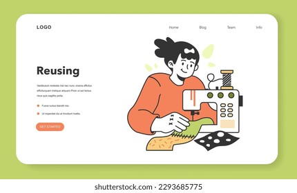 Zero waste web banner or landing page. Upcycling or reuse of old clothes. Eco tips for reducing fast fashion effect and giving a second life. Sustainability idea. Flat vector illustration