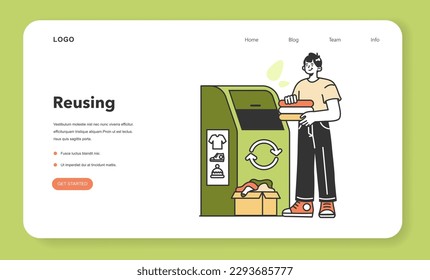 Banner web de basura cero o página de aterrizaje. Reciclaje de tejidos para la reducción de residuos y dar una segunda vida a la tela vieja. Sostenibilidad y responsabilidad social. Ilustración vectorial plana