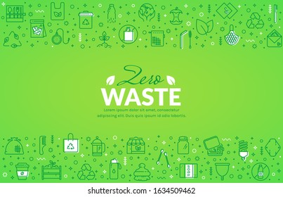 Zero waste web banner with line icons. Recycling, reusable items, plastic free, save the Planet and eco lifestyle themes. Vector horizontal background with place for text.