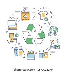 Zero waste web banner. Recyclable materials. Infographics with linear icons on white background. Creative idea concept. Isolated outline color illustration