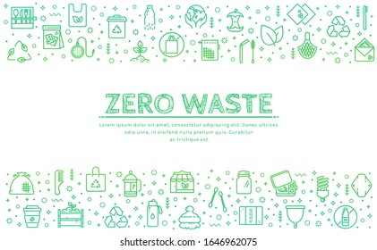 Zero waste web banner. Recycling, reusable items, plastic free, save the Planet and eco lifestyle themes. Vector horizontal background with place for text.