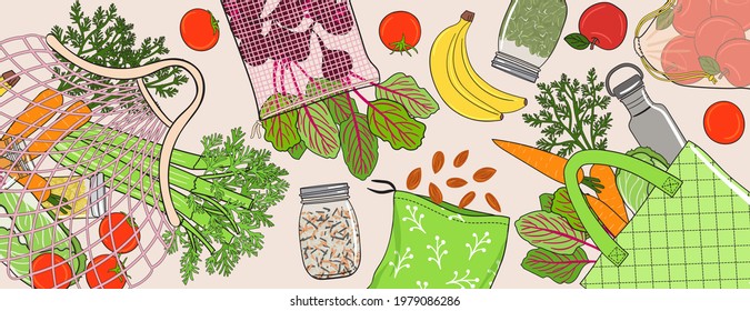 Zero waste wide banner with bags, meshes, jars, vegetables and fruits. Concept of zero waste store. Eco-friendly sustainable lifestyle. No plastic banner. Hand drawn vector illustration.