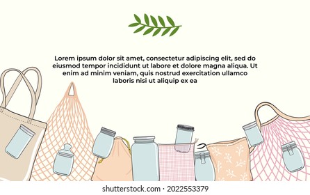 Borde ancho de basura cero. Colección de bolsas y jarras de vidrio. Concepto de almacén de basura cero con productos a granel. Estilo de vida sostenible ecológico. No hay pancarta de plástico. Ilustración vectorial dibujada a mano.