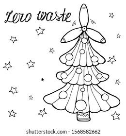 Zero Waste winter holiday set. Christmas coloring book. Christmas tree, wind mill, stars and lettering. Ecology concept. Good for poster, greeting card, flyer, textile, wallpaper. Funny cartoon design