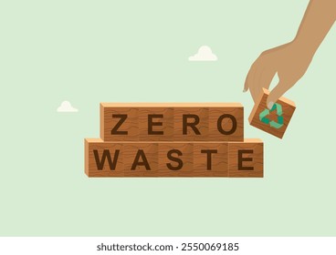 Zero Waste Wooden Blocks with Recycling Symbol. wooden blocks spelling 'ZERO WASTE' with a hand adding a recycling symbol block, representing environmental sustainability. Waste management. Vector