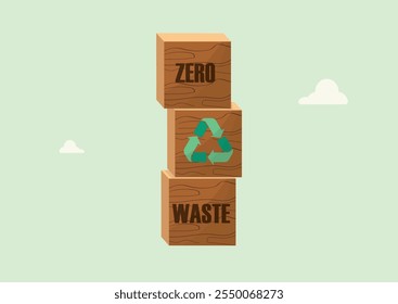 Zero Waste Wooden Blocks Stacked with Recycling. three wooden blocks spelling 'ZERO' and 'WASTE' with recycling symbol, representing environmental sustainability. Waste management. Vector illustration