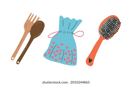 Zero Waste with Wooden Kitchen Tool and Hair Brush as Everyday Reused Object Vector Set