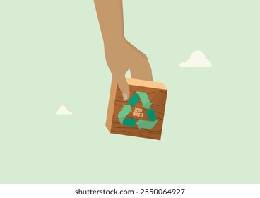 Zero Waste Wooden Sign Environmental Sustainability Concept. hand holding wooden block with recycling symbol and zero waste text, representing sustainable lifestyle commitment. Vector illustration