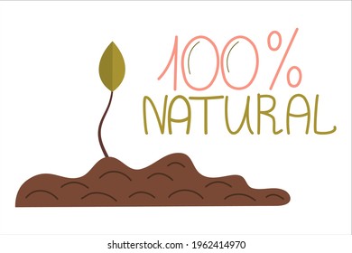 Zero waste,100 natural lettering, leaves ground, isolated white background. Recycling garbage, natural products, no plastic. Vector flat design. Vector illustration. Green planet and waste recycling.