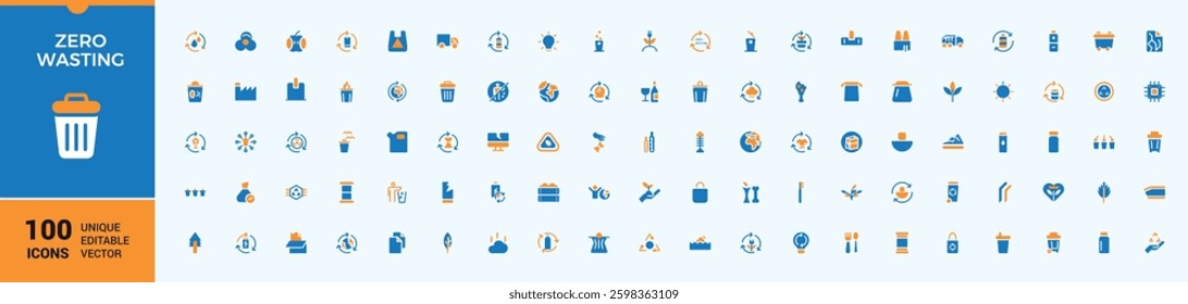 Zero Wasting colorful icon collection. Contains related to recycle, recycling, ecological, waste, eco, garbage, cycle, ecology and more. Filled symbol collection. Environmental modern icons set.