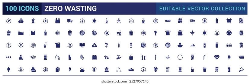 Conjunto de iconos llenos de desperdicio cero. símbolos sólidos aislados sobre fondo blanco. Reciclaje, paquete de letrero lleno, símbolo de glifo para Web y ui. Editable y píxel perfecto.