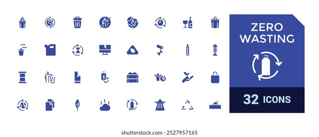 Zero wasting filled icons set. solid symbols isolated on white background. Recycling, Filled sign pack, Glyph symbol for web and ui. Editable and pixel perfect.