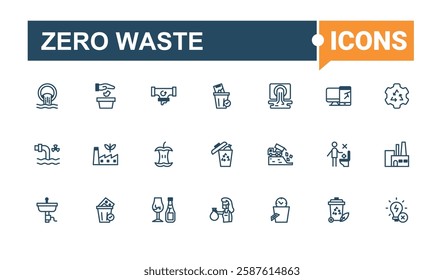 Zero Wasting icons set. Contains such icons as cycle, trash, green, less, recycle, bottle, eco and more. Simple icon designs. Solid line editable stroke.