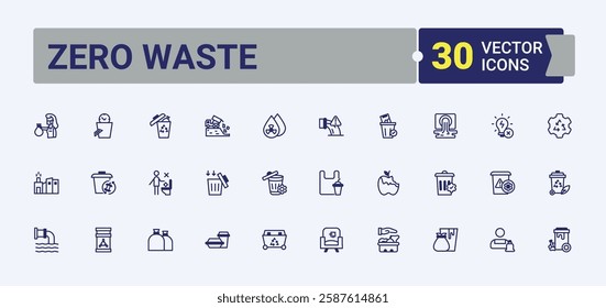 Zero Wasting line icons. It contains symbols to bag, recycle, ecological, zero, rot and more. Collection for mobile and web apps. Vector line and solid icons.