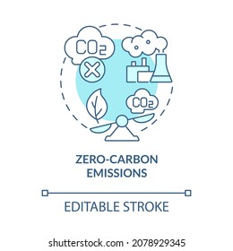 Zero-carbon emissions blue concept icon. Nuclear energy advantage abstract idea thin line illustration. Modern renewable power source. Vector isolated outline color drawing. Editable stroke